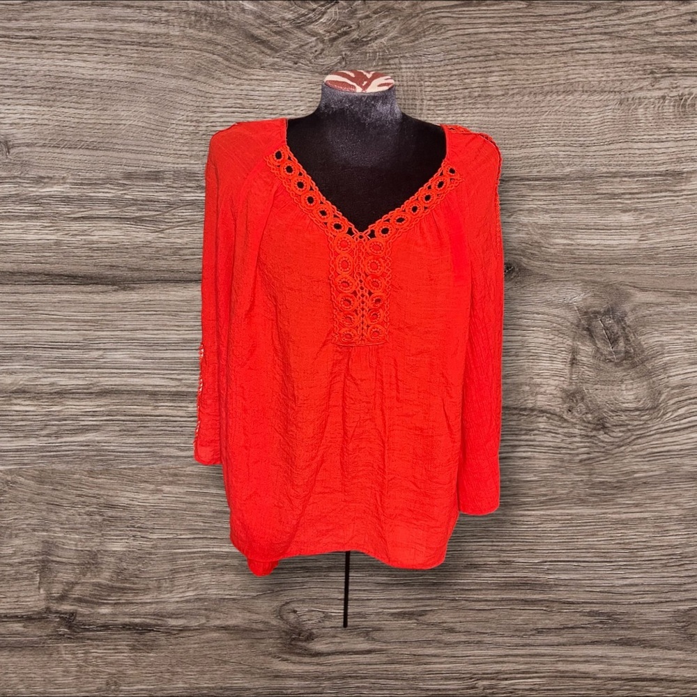 Zac & Rachel Red Boho Lace Trimmed Blouse Size Large